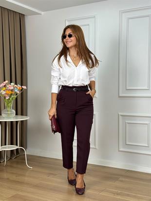 Mürdüm Yüksek Bel Kemerli Yanları Cepli Pantolon 3790