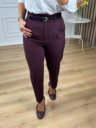 Mürdüm Yüksek Bel Kemerli Yanları Cepli Pantolon 3790