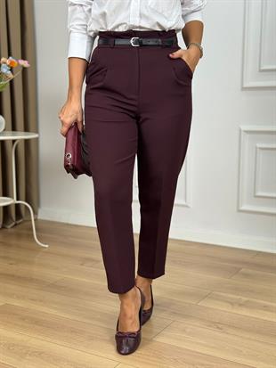 Mürdüm Yüksek Bel Kemerli Yanları Cepli Pantolon 3790