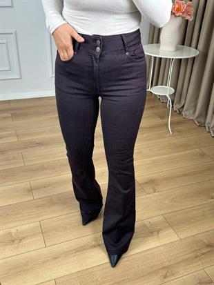 Mürdüm Yüksek Bel Likralı Pensli Geniş Kemerli Jean Pantolon 7151