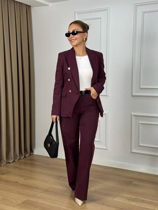 Mürdüm Yüksek Bel Lyocell Organik Kumaş Palazzo Pantolon 26415