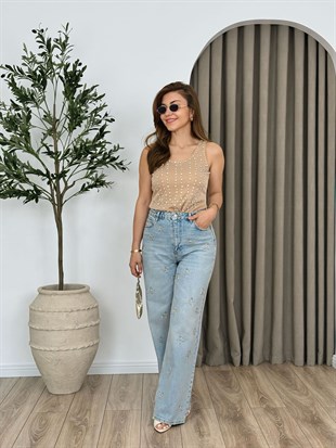 Nude Bisiklet Yaka Premium Kalite Taşlı Bluz 35527
