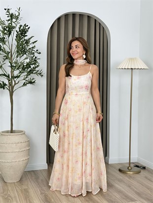 Pembe Askılı Organik Kumaş Astarlı Çiçek Desenli Elbise 3449