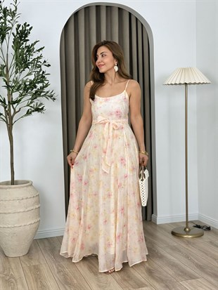 Pembe Askılı Organik Kumaş Astarlı Çiçek Desenli Elbise 3449