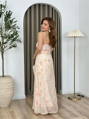 Pembe Askılı Organik Kumaş Astarlı Çiçek Desenli Elbise 3449