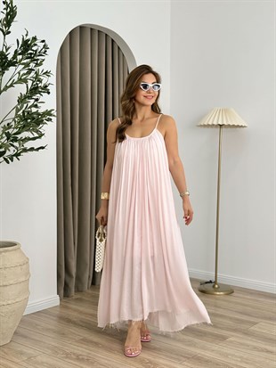 Pembe Premium Seri%100 Pamuk Maxi Salaş Elbise 3173
