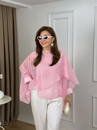 Pembe Tasarım Pelerin Şifon  Bluz 5026