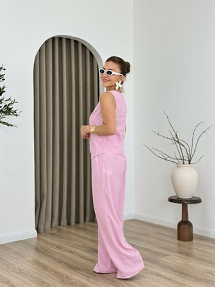 Pembe Tek Cep Sıfır Kol Keten Kumaş Bluz Pantolon Takım 0466