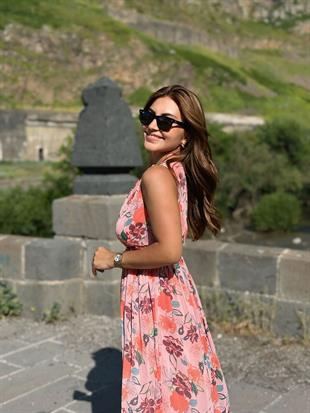 Pembe V Yaka Bel Dekolteli Astarlı Çiçek Desenli Şifon Elbise 6436