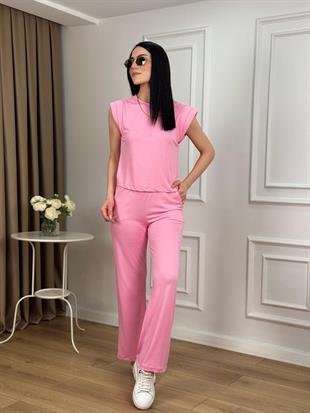 Pembe Vatkalı Modal Kumaş Bluz Pantolon Takım 1021