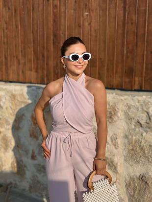 Pudra Arkası Gipeli Bağlamalı Bluz Pantolon Takım 0610