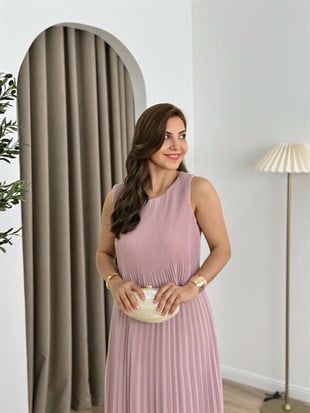 Pudra Bisiklet Yaka Sıfırkol Piliseli Astarlı Şifon Elbise 262621