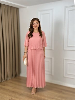 Pudra Bisiklet Yaka Yarasa Kol Piliseli Astarlı Elbise 262749