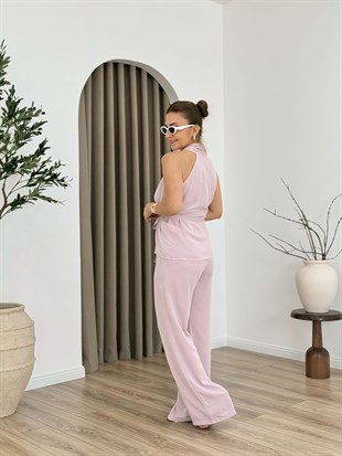 Pudra Kruvaze Bağlamalı Keten Kumaş Yelek Pantolon Takım 63210