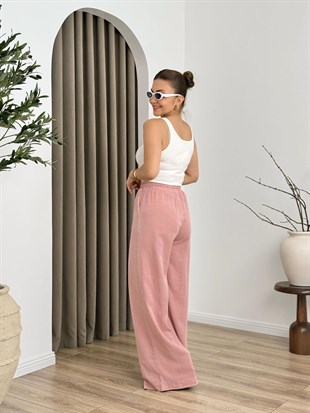 Pudra Yüksek Bel Beli Lastikli Tensel Kumaş  Pantolon 7256