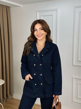 Rins Lacivert Belden Oturtmalı Düğmeli Jean Ceket 6248