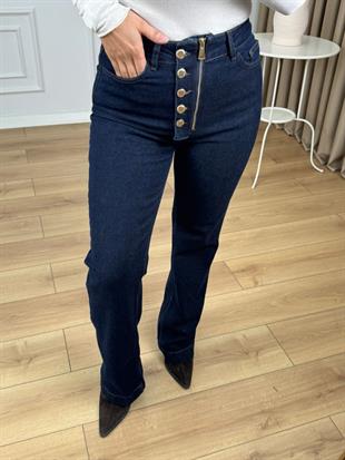 Rins Lacivert Yüksek Bel Düğme Detaylı Fermuarlı Likralı Denim Kumaş Boru Paça Kot Pantolon 7170