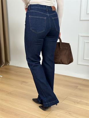Rins Lacivert Yüksek Bel Düğme Detaylı Fermuarlı Likralı Denim Kumaş Boru Paça Kot Pantolon 7170
