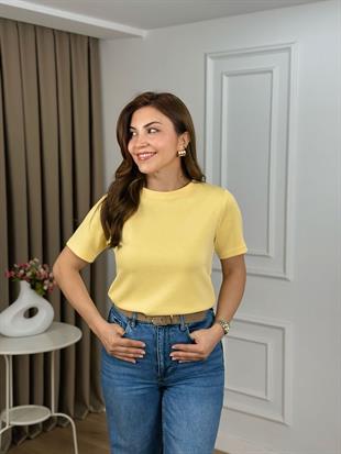 Sarı Bisiklet Yaka Taşlı Modal Kumaş Tshirt 26151