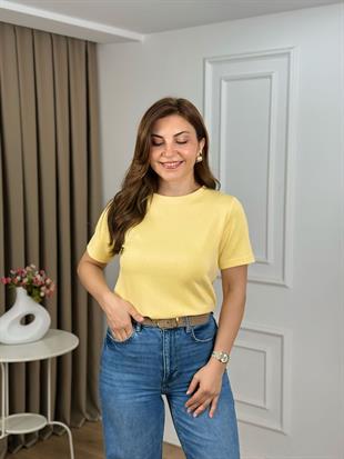 Sarı Bisiklet Yaka Taşlı Modal Kumaş Tshirt 26151