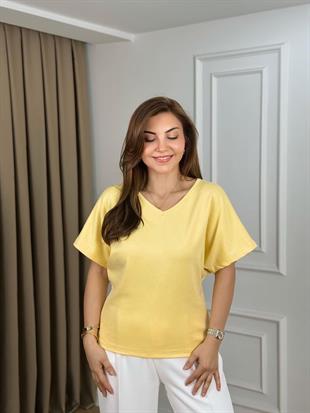 Sarı V Yaka Yarasa Kol Taşlı  Modal Kumaş Bluz 261433