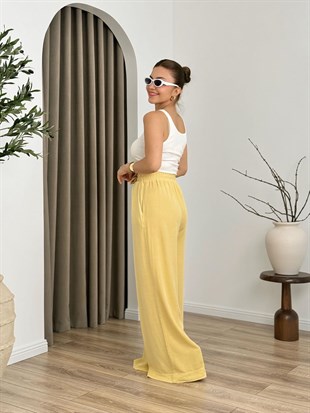 Sarı Yüksek Bel Beli Lastikli Tensel Kumaş  Pantolon 7256