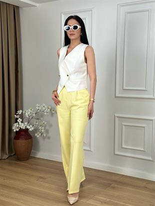 Sarı Yüksek Bel Cepli Pileli Palazzo Pantolon 3545