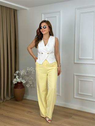Sarı Yüksek Bel Cepli Pileli Palazzo Pantolon 3545