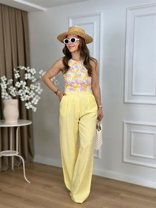 Sarı Yüksek Bel Çift Pile Cepli Palazzo Pantolon 70827