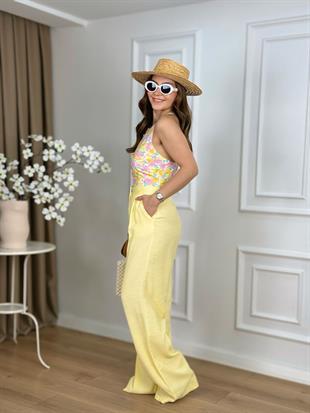 Sarı Yüksek Bel Çift Pile Cepli Palazzo Pantolon 70827