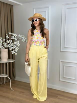 Sarı Yüksek Bel Çift Pile Cepli Palazzo Pantolon 70827