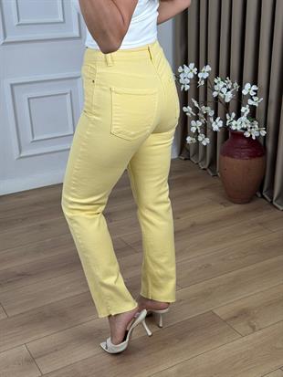 Sarı Yüksek Bel Likralı Toparlayıcı Paçası Kesik Fit Mom Jean 764