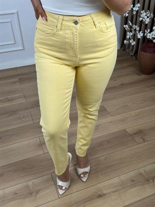Sarı Yüksek Bel Likralı Toparlayıcı Paçası Kesik Fit Mom Jean 764