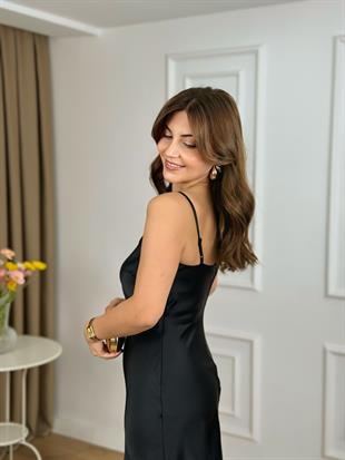 Siyah Ayarlanabilir Askılı Eteği Dantel Pamuk Saten Elbise 26208