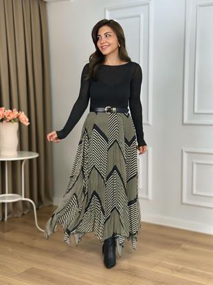 Siyah Beli Lastikli Astarlı Şifon Etek 3373