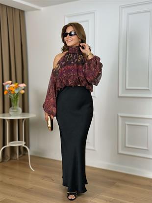 Siyah Beli Lastikli Kendinden Desenli Saten Etek 25360