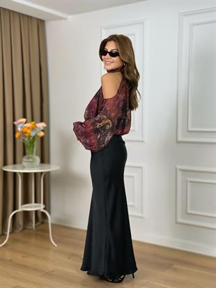 Siyah Beli Lastikli Kendinden Desenli Saten Etek 25360