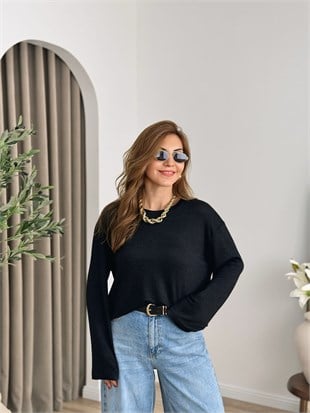 Siyah Bisiklet Yaka Çilek Kumaş Simli Bluz 1003