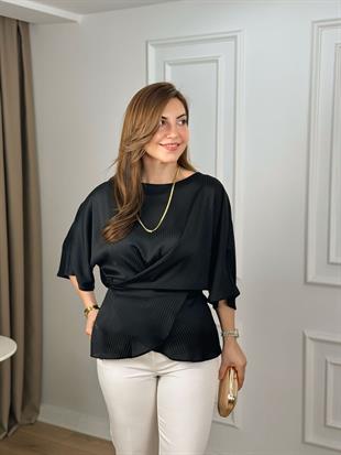 Siyah Bisiklet Yaka Kendinden Çizgili Bağccıklı Nisbet Kumaş Bluz 261488