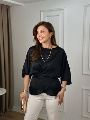 Siyah Bisiklet Yaka Kendinden Çizgili Bağccıklı Nisbet Kumaş Bluz 261488