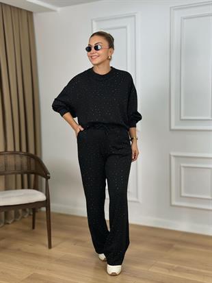 Siyah Bisiklet Yaka Taşlı Modal Kumaş Takım 26116