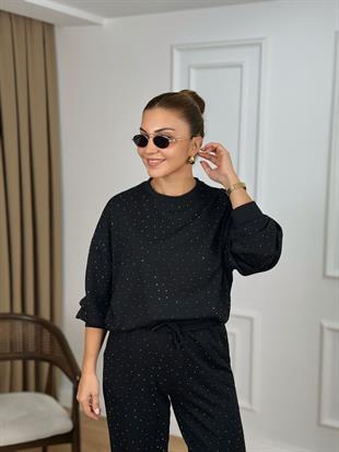 Siyah Bisiklet Yaka Taşlı Modal Kumaş Takım 26116