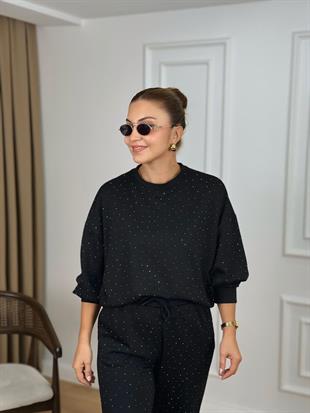 Siyah Bisiklet Yaka Taşlı Modal Kumaş Takım 26116