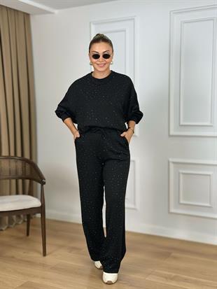 Siyah Bisiklet Yaka Taşlı Modal Kumaş Takım 26116