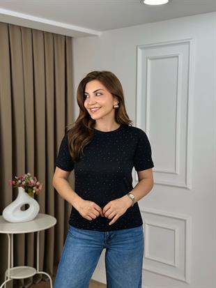 Siyah Bisiklet Yaka Taşlı Modal Kumaş Tshirt 26151