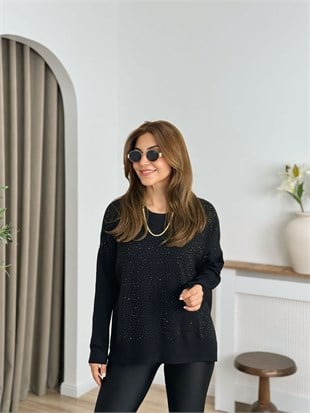 Siyah Bisiklet Yaka Taşlı Triko Kazak 254231