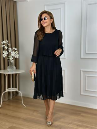 Siyah Bisiklet Yaka Uzun kol Piliseli Astarlı Şifon Elbise 262657