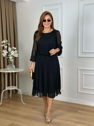 Siyah Bisiklet Yaka Uzun kol Piliseli Astarlı Şifon Elbise 262657