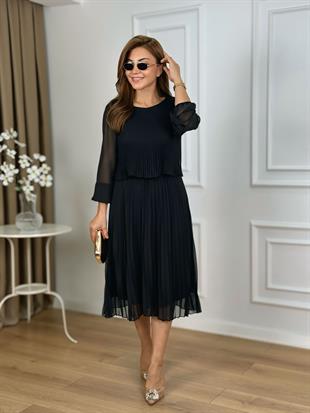 Siyah Bisiklet Yaka Uzun kol Piliseli Astarlı Şifon Elbise 262657