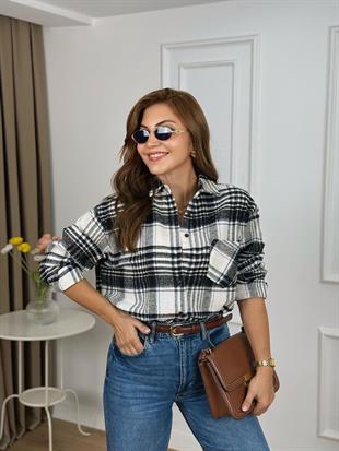 Siyah Cepli Taş Detaylı Yün Ekose Gömlek 4485